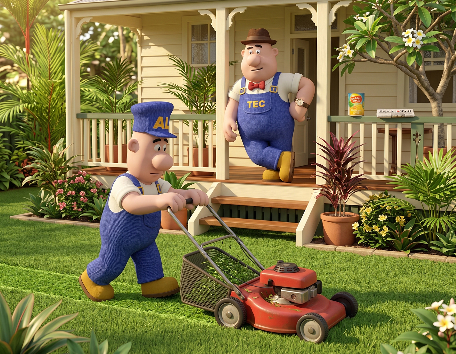 Al & Tec Cutting a clients lawn.